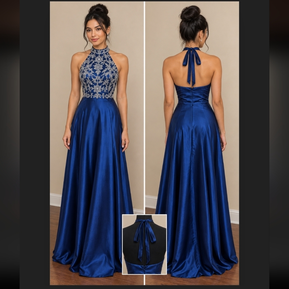 👗 BLONDIE NITES BY STACY SKLAR TIE HALTER NAVY DRESS WITH IVORY & BEAD APPLIQUE